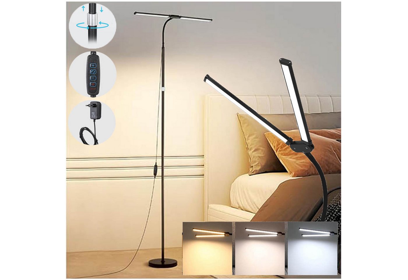 MUPOO LED Leselampe Stehlampe wohnzimmer Doppelter Kopf Schwanenhals Stehleuchte,4 Höhen, mit 12 V/2 A-Adapter, 360° verstellbar mit 3 Farbmodi von MUPOO