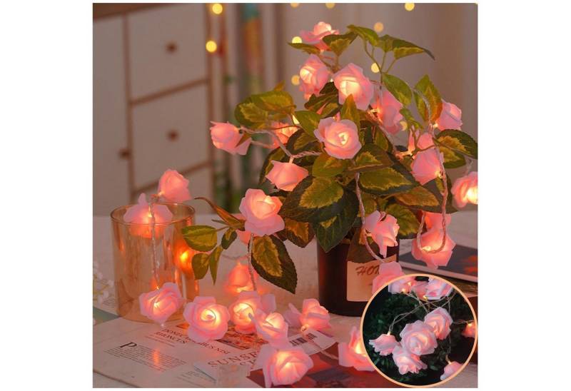 MUPOO LED-Lichterkette LED Nachtlicht 3M 20LEDs Girlande,Kunstblume Rose Warmweiß,Batterie, für Party Garten Weihnachten,Blumengirlande Rose,LED Dekolicht von MUPOO