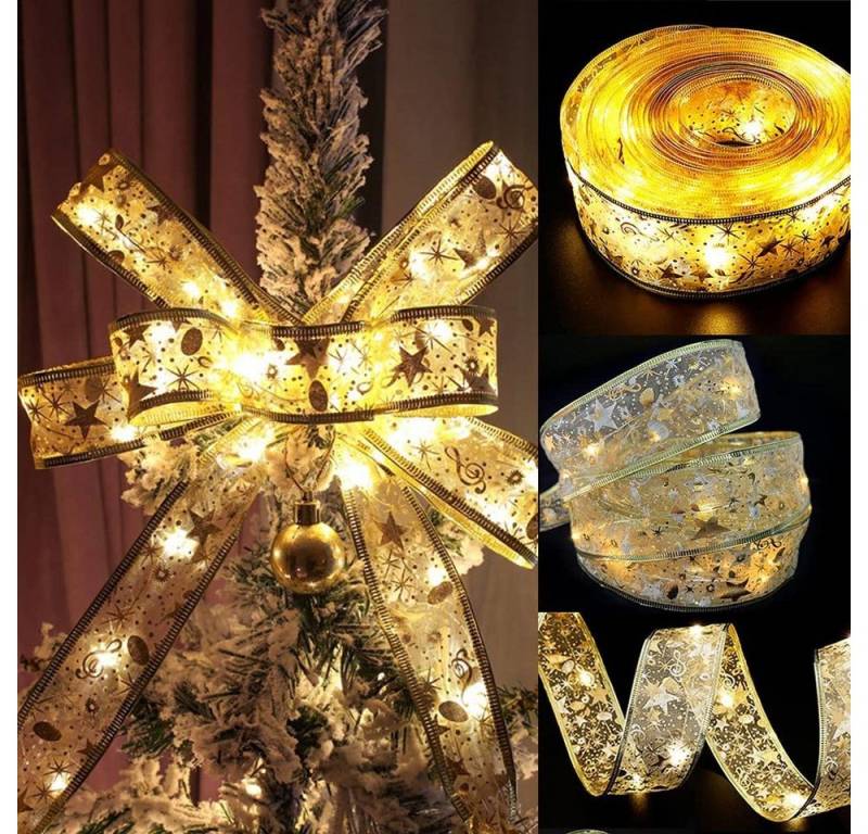 MUPOO LED-Lichterkette LED Seidenband Geschenkband LED Band Weihnachtslichter Schleifenband, 20/40/50 LEDs 2/4/5m Batterie,Sichere Schutzkleinspannung,Gold/Sliver von MUPOO