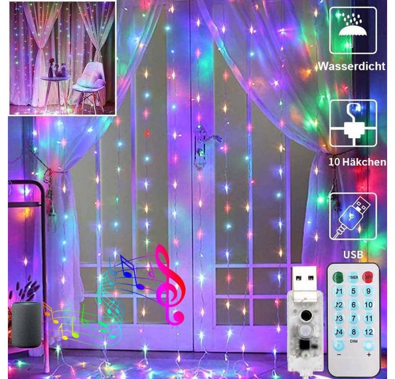 MUPOO LED-Lichterkette Vorhang-Lichterkette 300LED USB Timer LED Dekolicht LED-Vorhangleuchte, Led Vorhangbeleuchtung IP65,3X3M,Fernbedienung, Musikmodus/8 Modi von MUPOO
