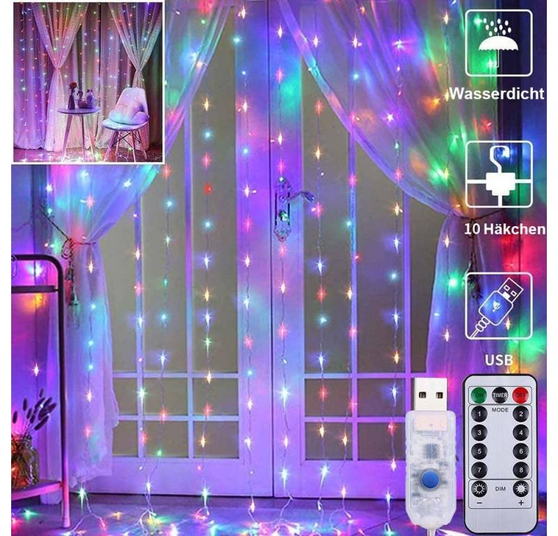 MUPOO LED-Lichterkette Vorhang-Lichterkette 300LED USB Timer LED Dekolicht LED-Vorhangleuchte, Led Vorhangbeleuchtung IP65,3X3M,Fernbedienung, Musikmodus/8 Modi von MUPOO