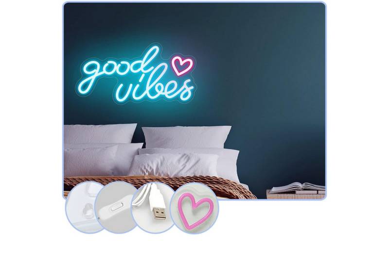 MUPOO LED Lichtleiste Good Vibes Neonschild als Wanddekor,USB-Betrieben mit Ein-/Ausschalter, Eisblau mit Herz, LED-Schild Party-Dekoration, 40 x 20 cm von MUPOO