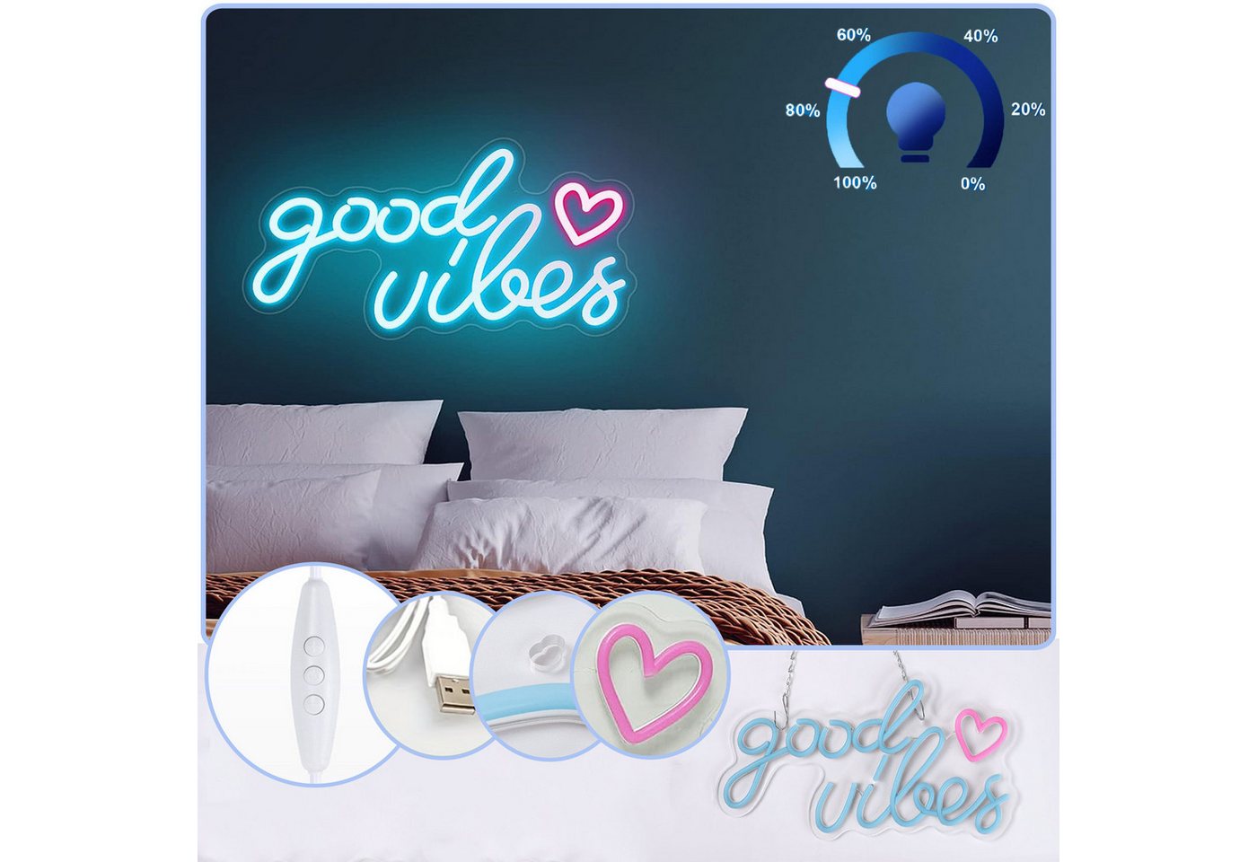 MUPOO LED Lichtleiste Good Vibes Neonschild als Wanddekor,USB-Betrieben mit Ein-/Ausschalter, Eisblau mit Herz,Dimmbar, LED-Schild Party-Dekoration, 40 x 20 cm MUPOO LED Lichtleiste Good Vibes Neonschild als Wanddekor,USB-Betrieben mit Ein-/Ausschalter, Eisblau mit Herz,Dimmbar, LED-Schild Party-Dekoration, 40 x 20 cm von MUPOO