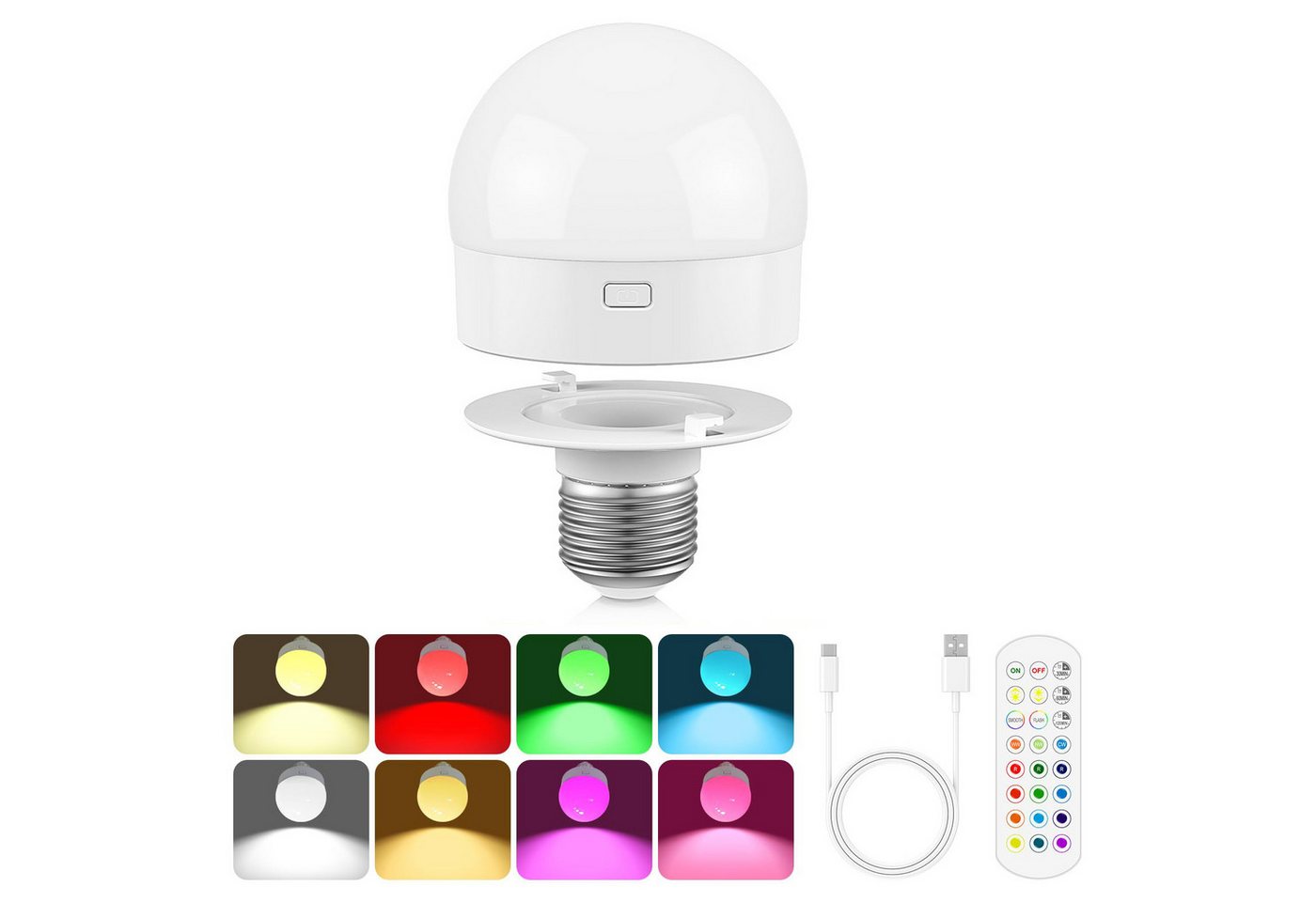 MUPOO LED Nachtlicht LED Glühbirne USB Dimmbar, Schranklicht E27 Akku Aufladbar Batterie, RGB, LED fest integriert, Fernbedienung mit Wiederaufladbare & Timing von MUPOO