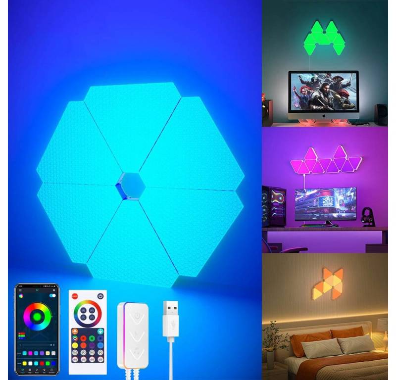 MUPOO LED Nachtlicht LED Wandleuchte Smart LED Panel Triangles RGB Sync Musik 3/6/10 St., 6 Stück, LED Dekolicht Leuchtfiguren Dimmfunktion, App & Fernbedienung von MUPOO