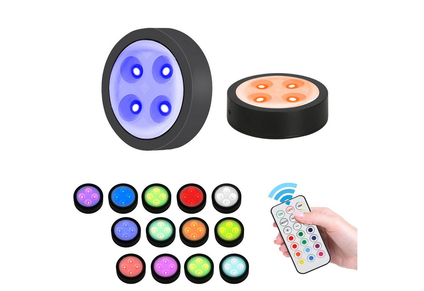 MUPOO LED Nachtlicht RGB Unterschrankleuchte, 2 Modi RGB Schranklicht Batterie Touch-Dimmbar, 2 Stück,Schwarz, LED fest integriert, Unterschranklicht mit Fernbedienung, 13 Farben von MUPOO