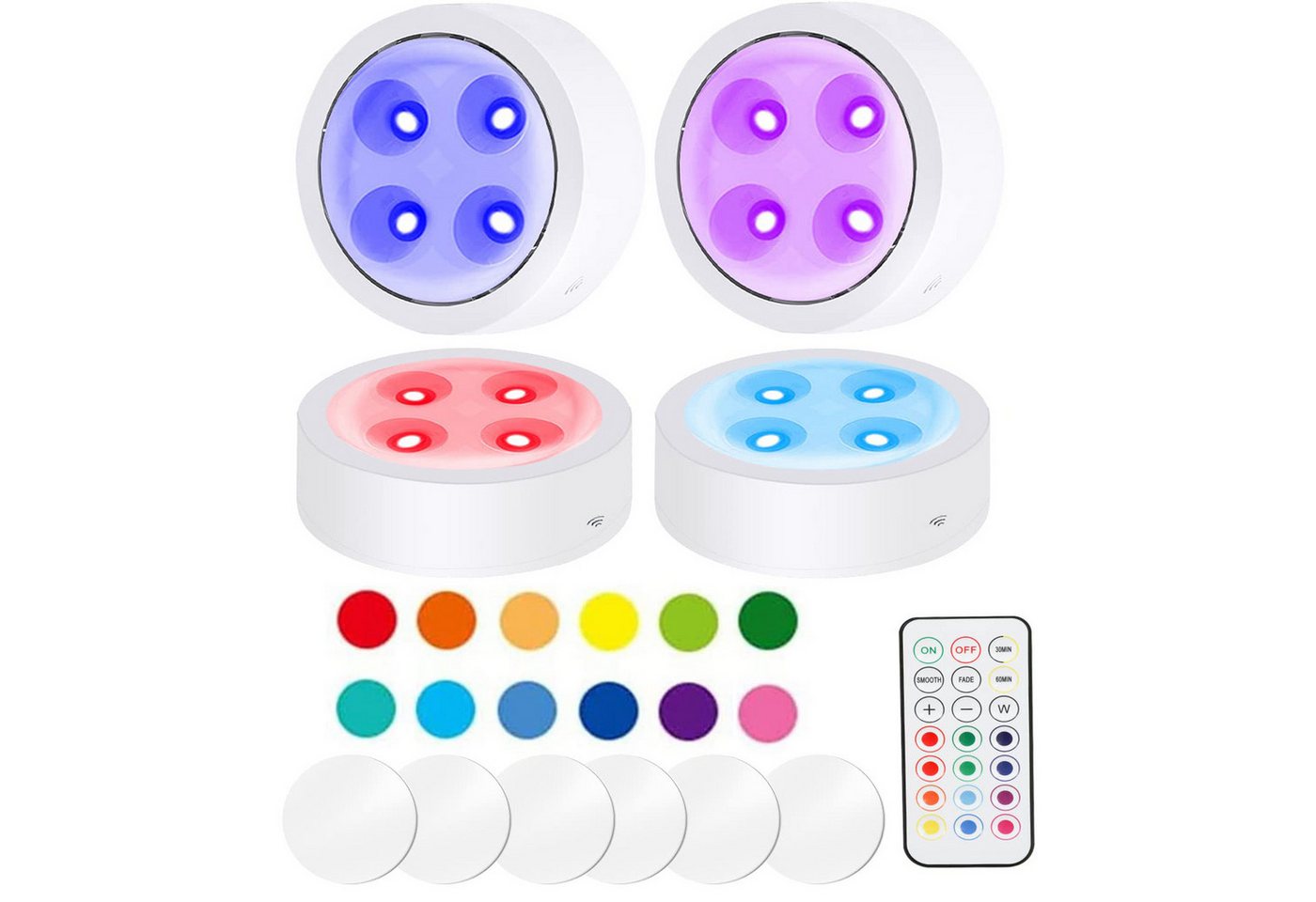MUPOO LED Nachtlicht RGB Unterschrankleuchte, 2 Modi RGB Schranklicht Batterie Touch-Dimmbar, 4 Stück,Weiß, LED fest integriert, Unterschranklicht mit Fernbedienung, 13 Farben von MUPOO