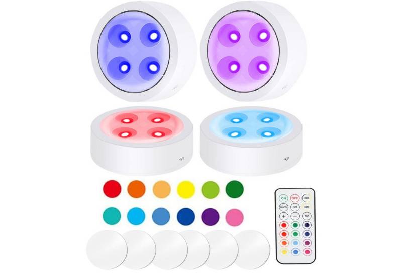 MUPOO LED Nachtlicht RGB Unterschrankleuchte, 2 Modi RGB Schranklicht Batterie Touch-Dimmbar, 4 Stück,Weiß, LED fest integriert, Unterschranklicht mit Fernbedienung, 13 Farben von MUPOO