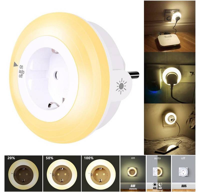 MUPOO LED Nachtlicht Steckdosen Nachtlicht Dimmbar Wandsteckdose 3 Modi Dämmerungssensor, WarmWeiß, 3 Helligkeit & Auto/AUF/AUS, LED fest integriert, Steckdose Erweitern für Flur,Kinderzimmer,Küche,Treppenhaus MUPOO LED Nachtlicht Steckdosen Nachtlicht Dimmbar Wandsteckdose 3 Modi Dämmerungssensor, WarmWeiß, 3 Helligkeit & Auto/AUF/AUS, LED fest integriert, Steckdose Erweitern für Flur,Kinderzimmer,Küche,Treppenhaus von MUPOO