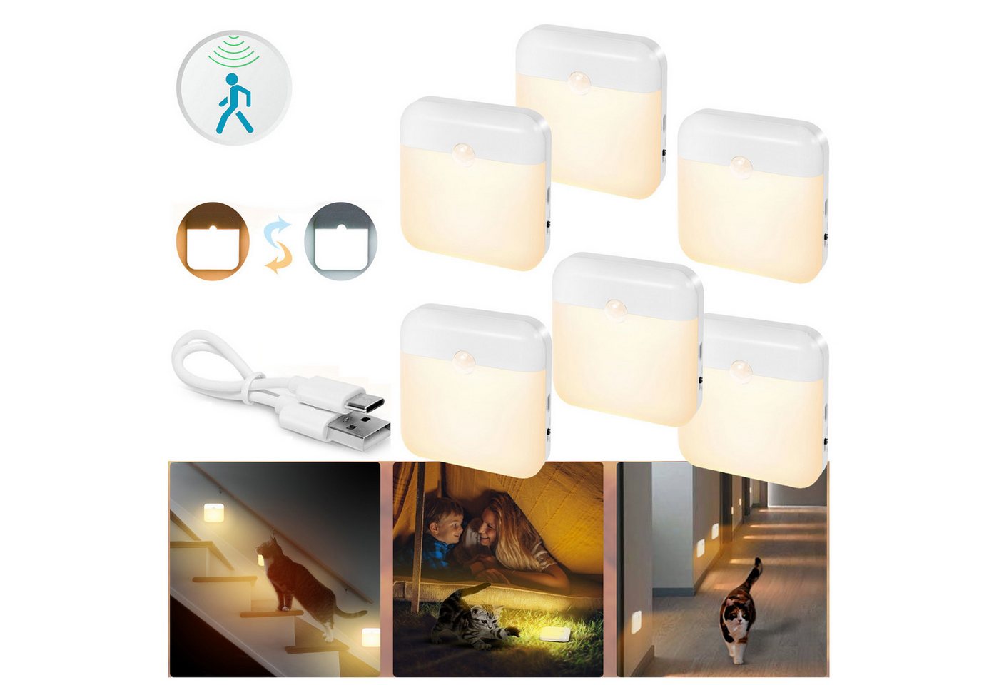 MUPOO LED Nachtlicht Steckdosenleuchte mit Bewegungsmelder, Dimmbar LED Nachtlichter, Warmes Weiß (mit Farbwechsel-Modi), LED fest integriert, Auto/Aus/Ein-Modi von MUPOO