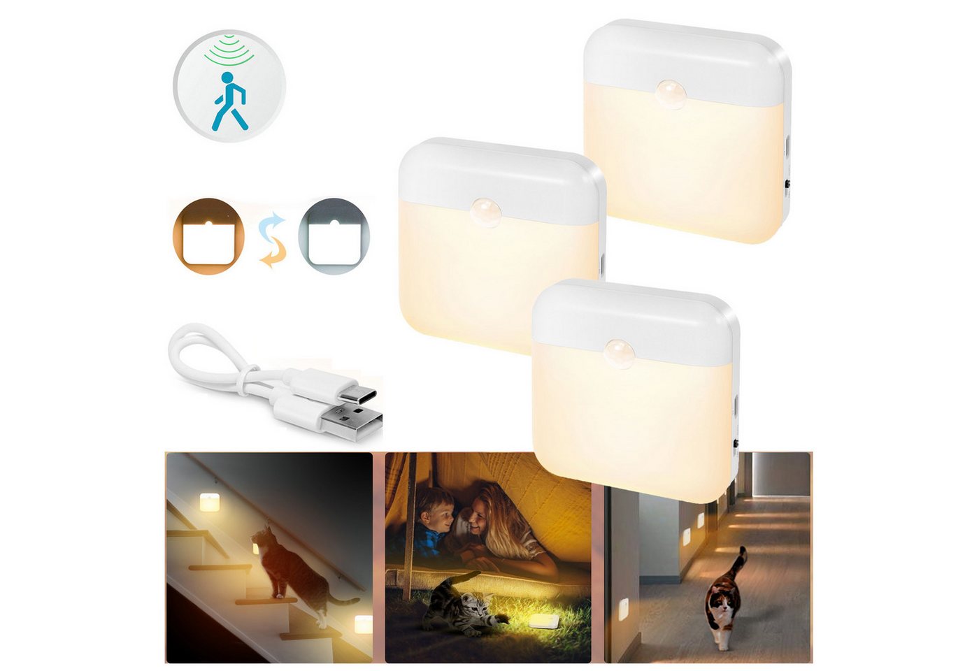 MUPOO LED Nachtlicht Steckdosenleuchte mit Bewegungsmelder, Dimmbar LED Nachtlichter, Warmes Weiß (mit Farbwechsel-Modi), LED fest integriert, Auto/Aus/Ein-Modi von MUPOO