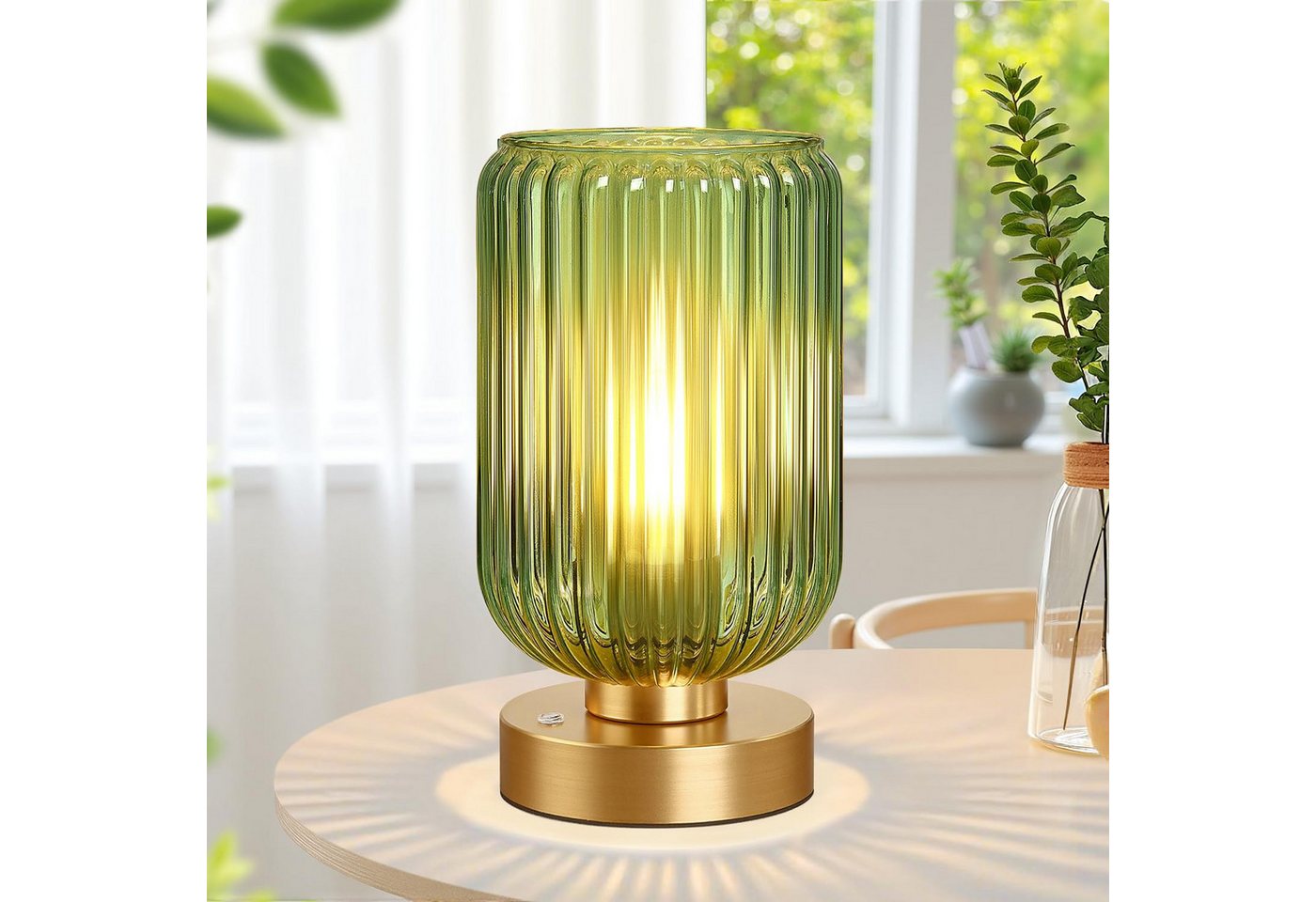 MUPOO LED Schreibtischlampe Grüne Glas Tischlampe,LED Modern Touch Tischleuchte für Schlafzimmer, LED wechselbar, Kabellos,Goldfarbene Basis Grüner Glasschirm,LED-Glühbirne inklusive von MUPOO