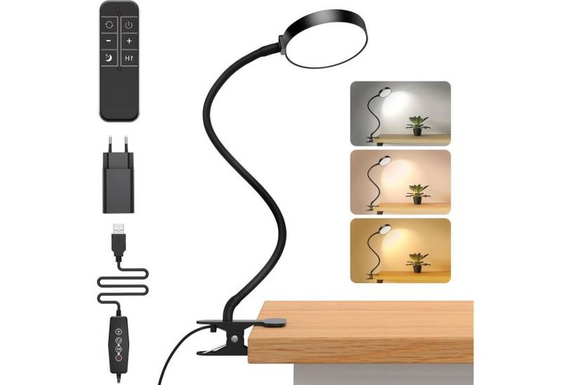 MUPOO LED Schreibtischlampe LED Klemmleuchte Clip-Licht,LED-Leselicht,Lampenklammer, Flexibler Schwanenhals,Fernsteuerung,Timer & Nachtlicht von MUPOO
