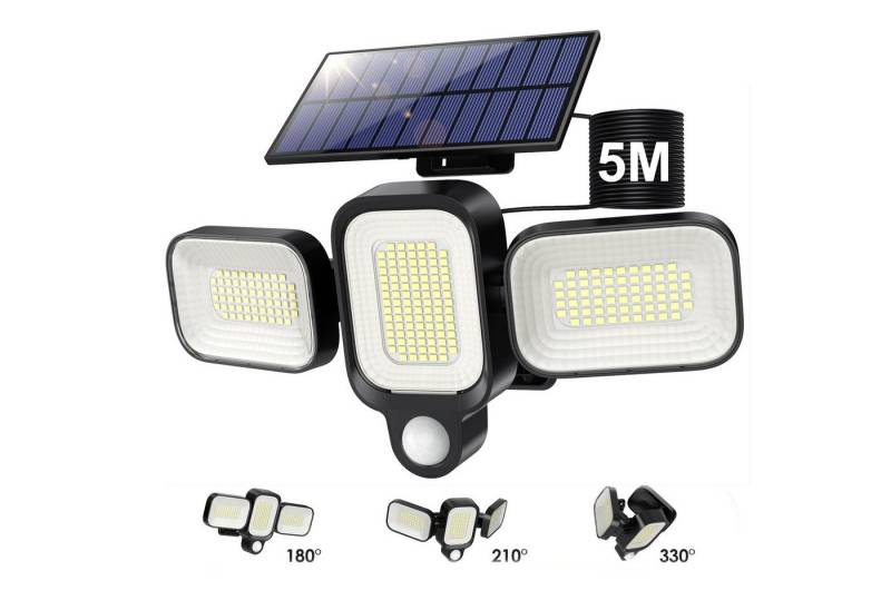 MUPOO LED Solarleuchte 225 LEDs Solarleuchten,3 Kopf,IP65 Solar-Wandleuchte,Bewegungsmelder, mit 5 M Verlängerungskabel, 3 Modi,Wasserdicht für Inner/Außen Garten, Garage von MUPOO