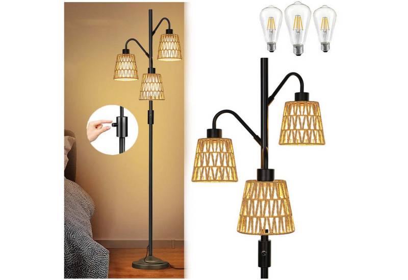 MUPOO LED Stehlampe 3-köpfige Baumförmige Standlampe Boho-Rattan mit Fußschalter 183 cm, 3 Edison-Glühbirnen-12W-Dimmbar, LED fest integriert, Mit 3 Leuchtmittel für Wohnzimmer,Schlafzimmer,Arbeitszimmer,Büro von MUPOO