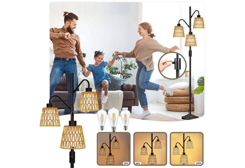 MUPOO LED Stehlampe 3-flammig Boho-Rattan Stehleuchte mit Fußschalter, 183 cm, 3 Edison-Glühbirnen 12W Dimmbar, LED fest integriert, Mit 3 Leuchtmittel für Wohnzimmer,Schlafzimmer,Arbeitszimmer,Büro von MUPOO