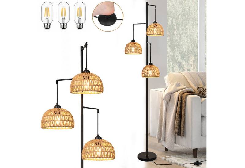 MUPOO LED Stehlampe 3-köpfige Baumförmige Standlampe Boho-Rattan mit Fußschalter 183 cm, 3 Glühbirnen-6W, LED fest integriert, Mit 3 Leuchtmittel für Wohnzimmer,Schlafzimmer,Arbeitszimmer,Büro von MUPOO