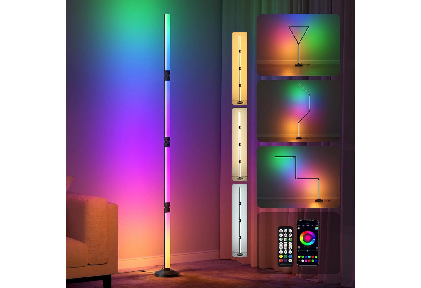 MUPOO LED Stehlampe Klappbare Stehlampe RGBIC,24W 2600LM DIY-förmige RGB Standleuchte, Fernsteuerung & Smart App-Steuerung, Moderne Stehleuchte mit 16 Millionen Farben & Musiksynchronisation von MUPOO