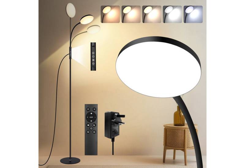 MUPOO LED Stehlampe LED Stehleuchte Weiß/Schwarz mit Schwanenhals,165cm, 10 Helligkeitsstufen & 5 Lichtfarben,mit Fernbedienung,16W,Timer von MUPOO