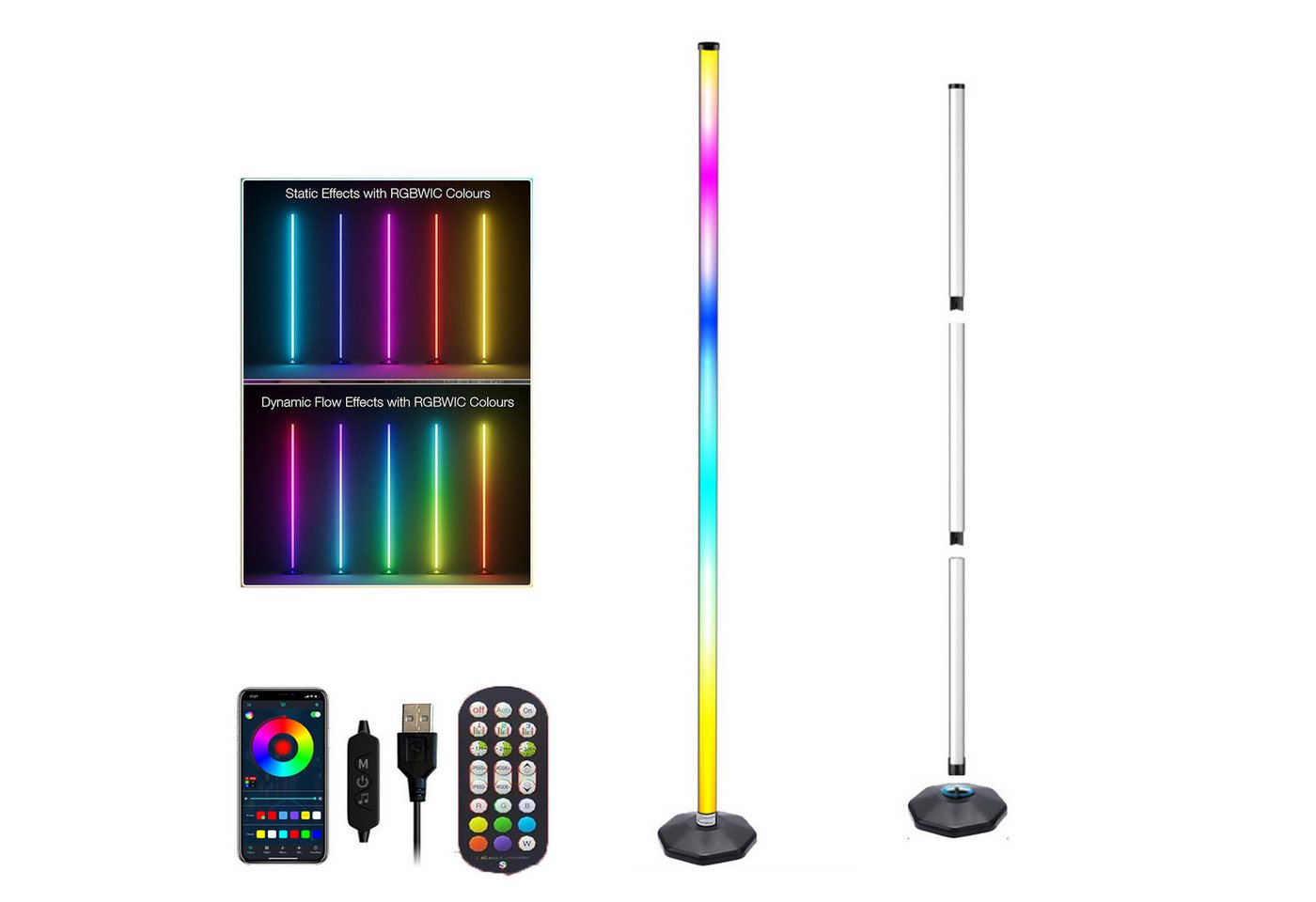 MUPOO LED Stehlampe RGB Ecklampe Musiksynch LED Standfloor Lightbar Höhenverstellbar, 165 cm, LED fest integriert, mit App und Fernbedienung,16 Millionen Farben&213+ Szenenmodi von MUPOO