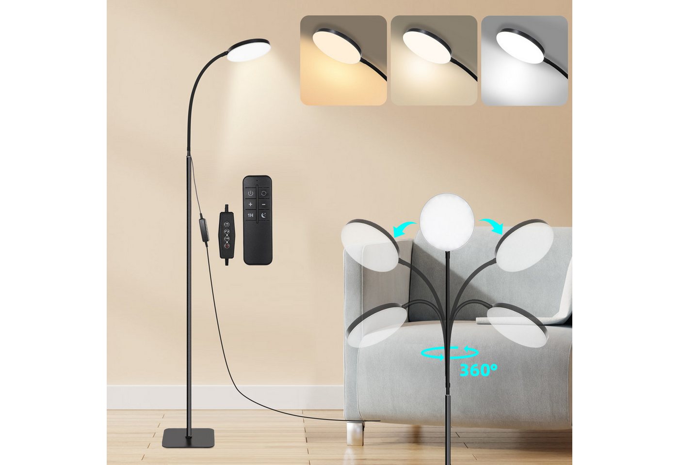 MUPOO LED Stehlampe Standleuchten mit Fernbedienung, LED Leselampe Stehend Dimmbar, Dimmbar Einstellbare Flexible Stehleuchte,mit 3 Farbtemperaturen von MUPOO