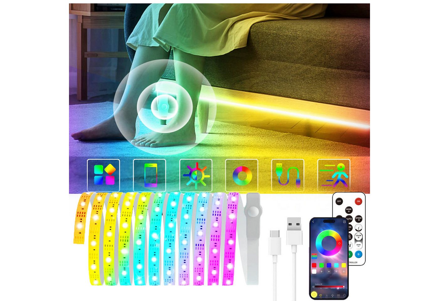MUPOO LED-Streifen IP54 RGB LED Lichtleiste mit Bewegungsmelder und App-Steuerung, 2M/5M/10M Dimmbar LED Stripe, Musik-Sync, USB Plug & Play von MUPOO