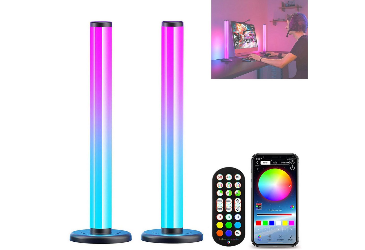 MUPOO LED Stripe Smart LED-Lichtleiste 360°RGB, Bluetooth, Timer, APP mit Fernbedienung, 2-flammig, TV-Hintergrundbeleuchtung 8 Modi & Sync Musik von MUPOO