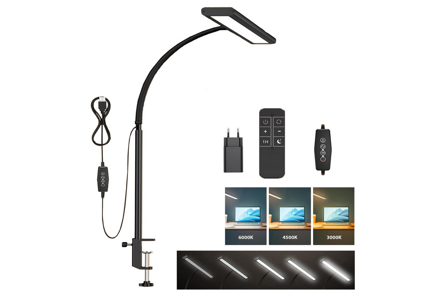 MUPOO LED Klemmtischleuchte LED Leselampe Klemmleuchten Clip-on, Timer, Dimmbare & Helligkeitsstufen, USB mit EU-Stecker, 70cm Höhe mit Fernbedienung von MUPOO