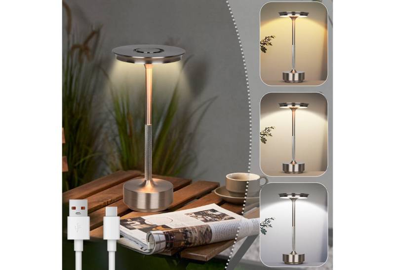 MUPOO LED Tischleuchte Tischlampe Akku Touch Dimmbar mit USB-C,3 Farbtem, Silber, UFO Nachtlicht IP54 Indoor,Outdoor Camping,Memory-Funktion von MUPOO