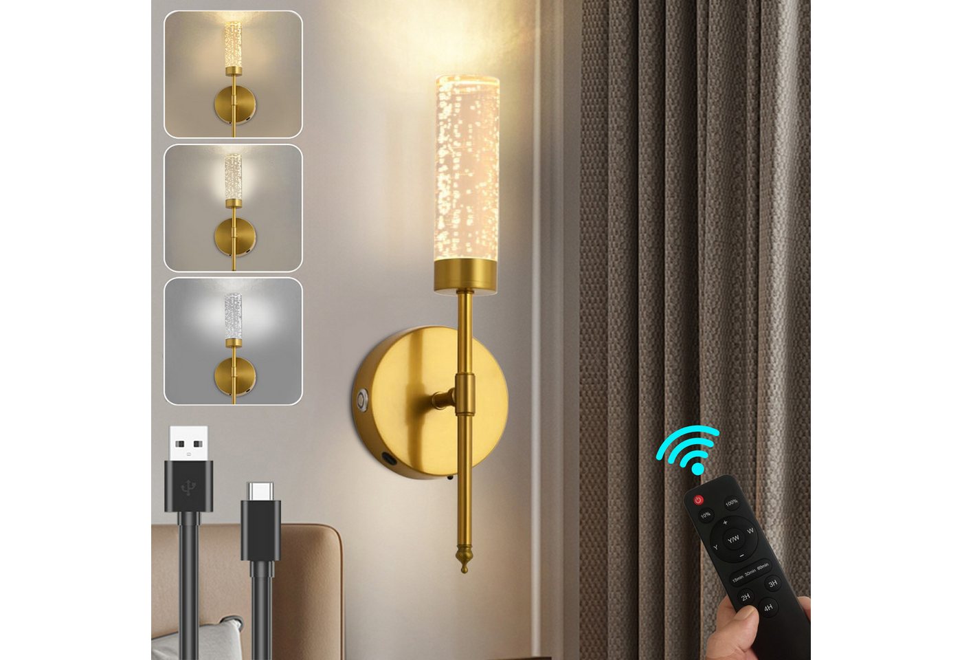 MUPOO LED Wandleuchte Kabellose Akku Wandleuchte mit Fernbedienung, 3 Farbtemperaturen, Timer, Dimmbar - ideal für Schlafzimmer, Flur & mehr - Gold MUPOO LED Wandleuchte Kabellose Akku Wandleuchte mit Fernbedienung, 3 Farbtemperaturen, Timer, Dimmbar - ideal für Schlafzimmer, Flur & mehr - Gold von MUPOO