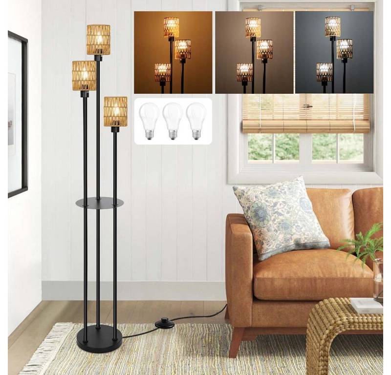 MUPOO Stehlampe Boho Rattan Stehlampe,Standleuchten mit Rattan Lampenschirm, Vntage Standleuchte mit 3-flammige und Ablagen,mit Fußschalter von MUPOO