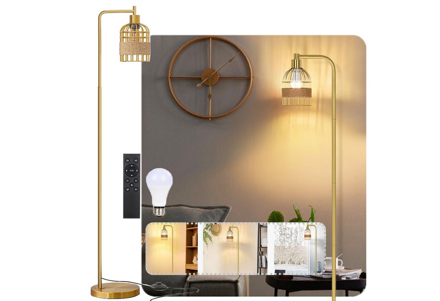MUPOO Stehlampe Gold Stehleuchte 168cm Wohnzimmer Dimmbar 3-Farbig LED Bodenleuchte, Gold, LED fest integriert, Fußschalter und Metall-Leinen Schirm,E27 Glühbirne von MUPOO