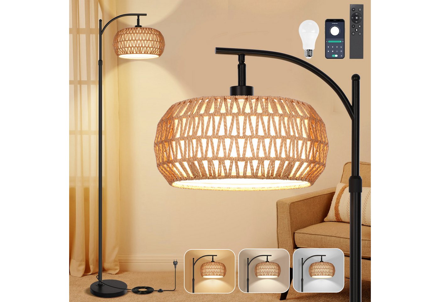 MUPOO Stehlampe LED Stehlampe,Bettlampe Dimmable,Rattan Boho LED Stehleuchten, Stoff-Doppellampenschirme,mit Fernbedienung,Fußschalter,APP-Steuerung von MUPOO