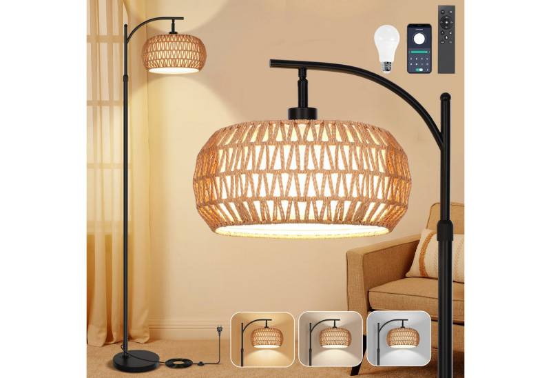 MUPOO Stehlampe LED Stehlampe,Bettlampe Dimmable,Rattan Boho LED Stehleuchten, Stoff-Doppellampenschirme,mit Fernbedienung,Fußschalter,APP-Steuerung von MUPOO