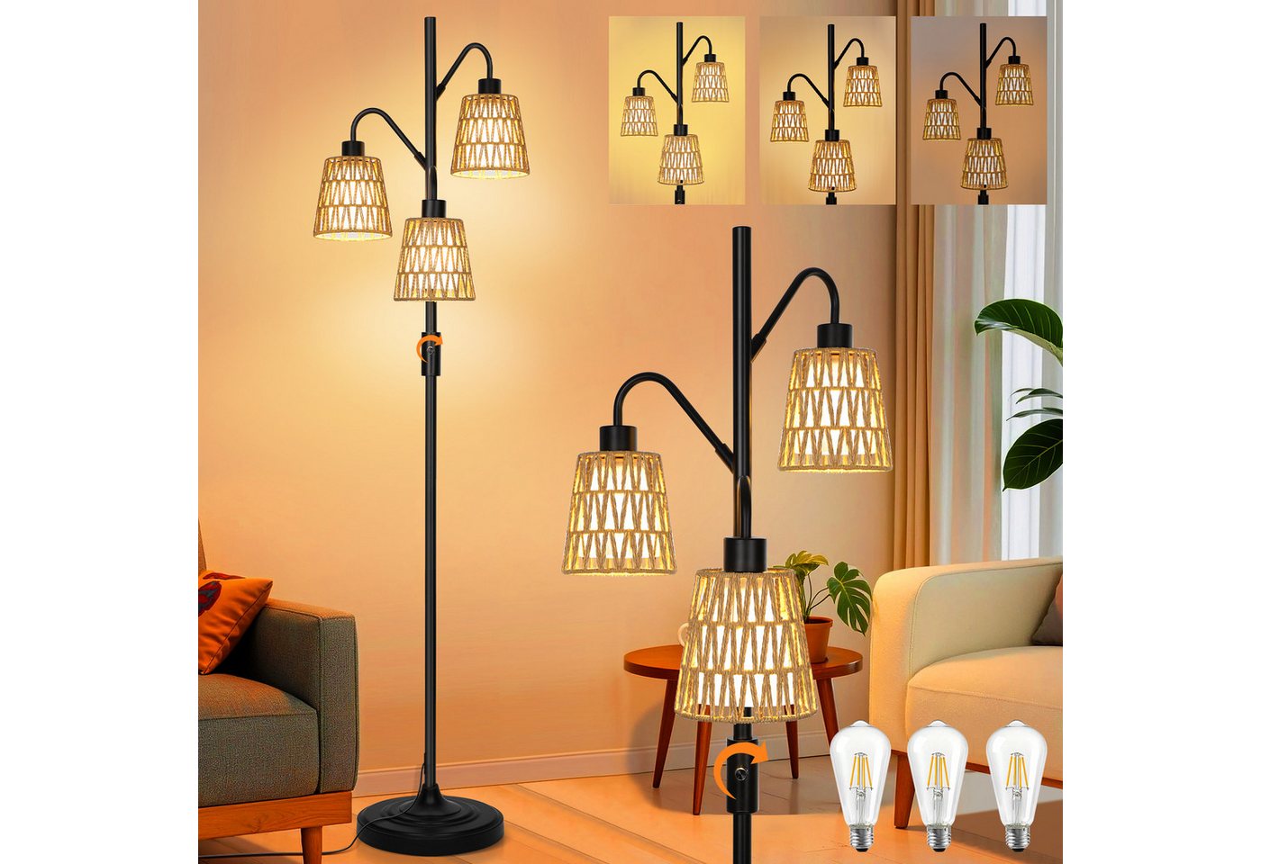 MUPOO Stehlampe LED Stehlampe,Rattan Boho LED Stehleuchten mit 3 Glühbirnen, LED Standleuchte mit 3-flammige,dimmbar,für Schlafzimmer, Büro von MUPOO