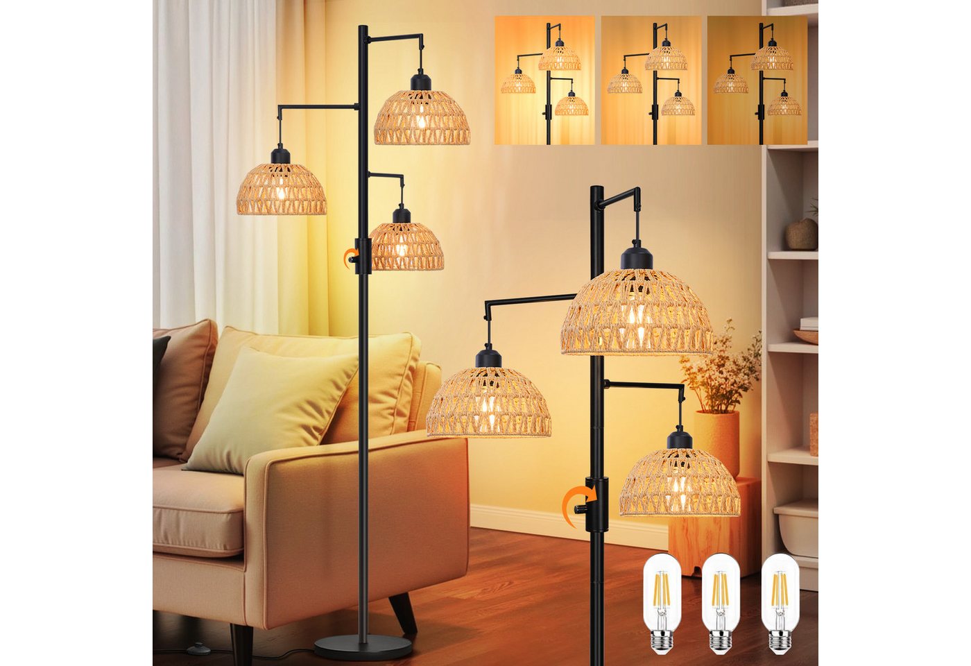 MUPOO Stehlampe LED Stehlampe,Rattan Boho LED Stehleuchten mit 3 Glühbirnen, LED Wechselbar,Warmweiß,für Schlafzimmer, Wohnzimmer, Büro von MUPOO