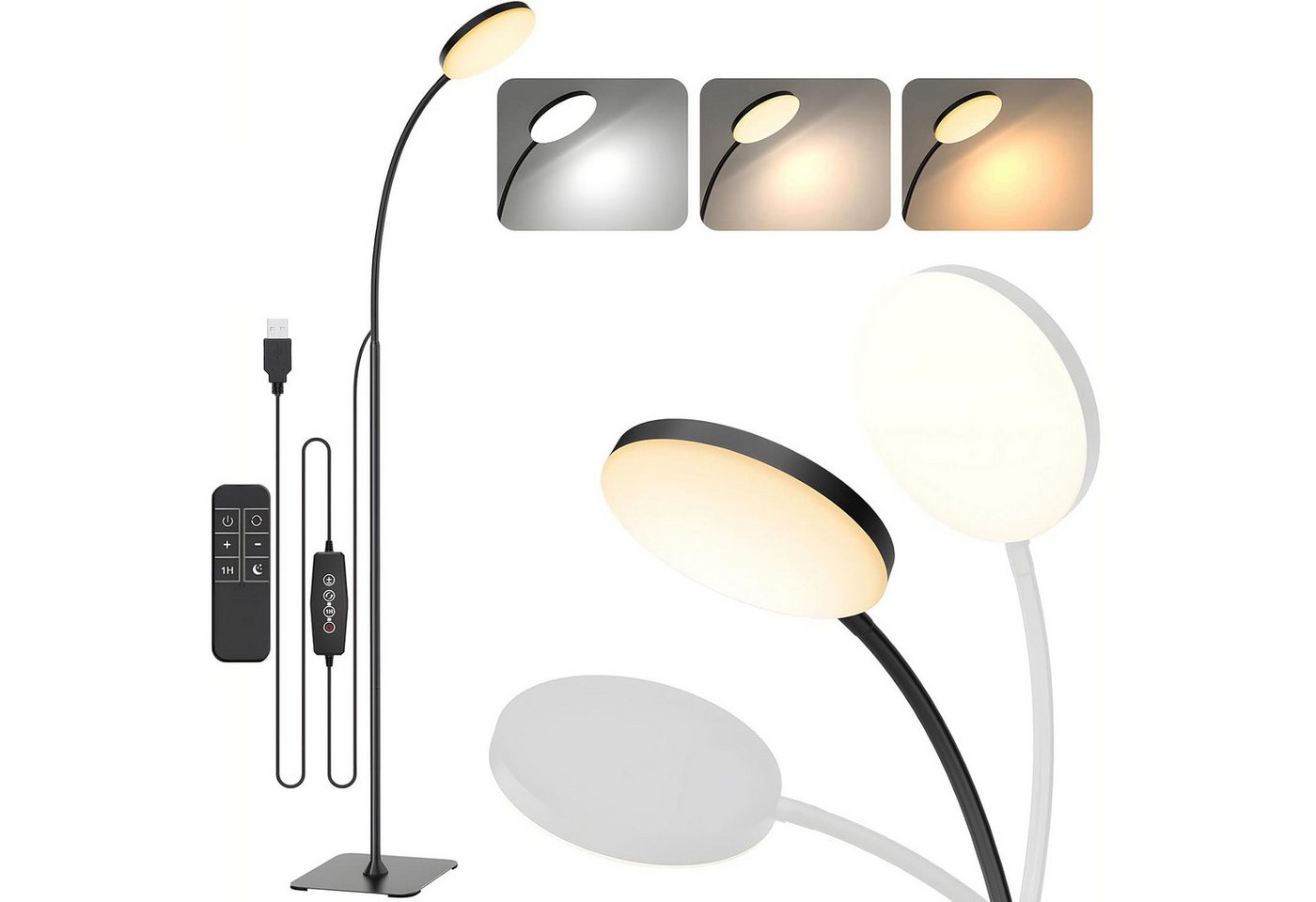 MUPOO Stehlampe LED Stehlampe Fernbedienung Floorlamp,Dimmbar Standleuchte,140cm USB, Schwarz, LED fest integriert, Timer, 3 Höhenverstellbar und 3 Farbtemperatur, 360° Drehbarer Flexible von MUPOO