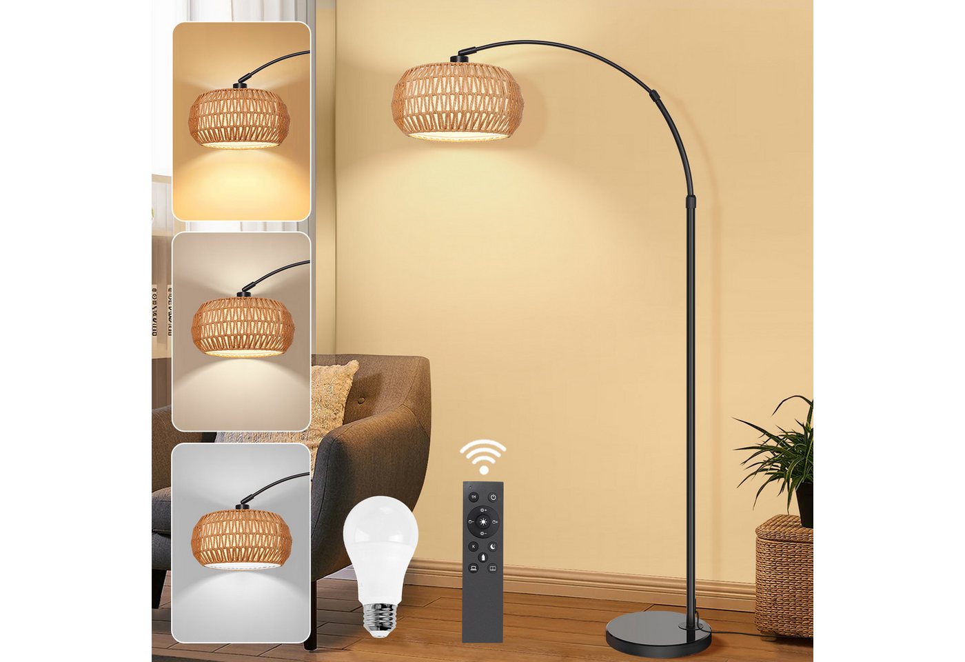 MUPOO Stehlampe LED Stehleuchten,Rattan Boho LED Stehlampe,Moderne Bettlampe Dimmable, LED Wechselbar,183cm,Fußschalter, APP-Steuerung, mit Fernbedienung von MUPOO