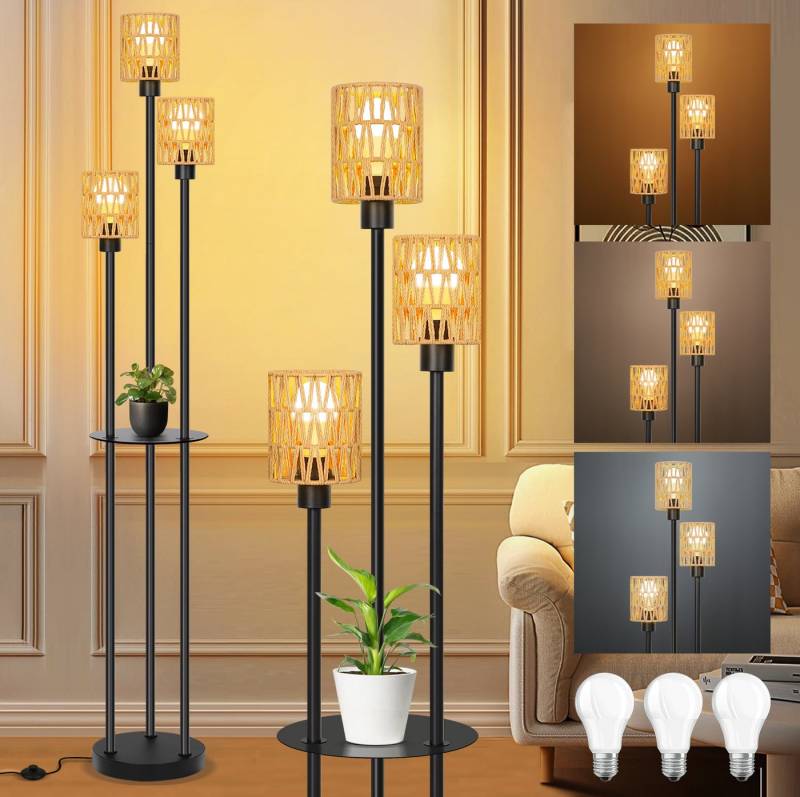 MUPOO Stehlampe Rattan Stehlampe Wohnzimmer,3-flammige Vintage Stehleuchte mit Regal, Modern Stehlampe Dimmbare mit Rattan Lampenschirm&Fußschalter von MUPOO
