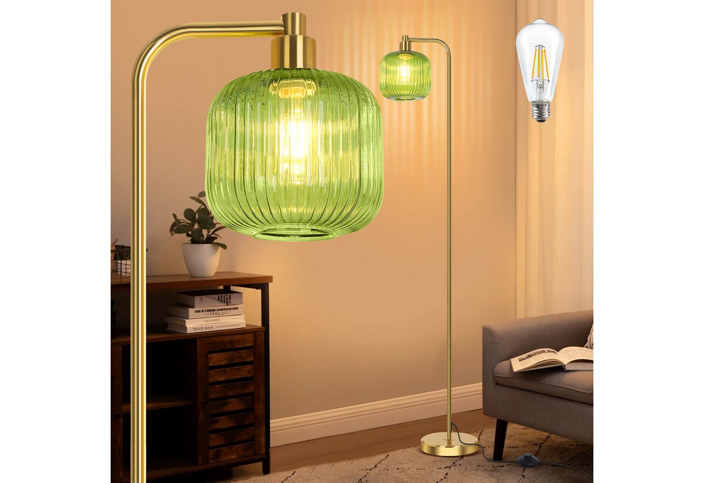 MUPOO Stehlampe Stehleuchte Wohnzimmer Laterne mit Fußschalter, Warmweiß-Grüne, LED fest integriert, E27 Leuchtmittel, 160 cm von MUPOO