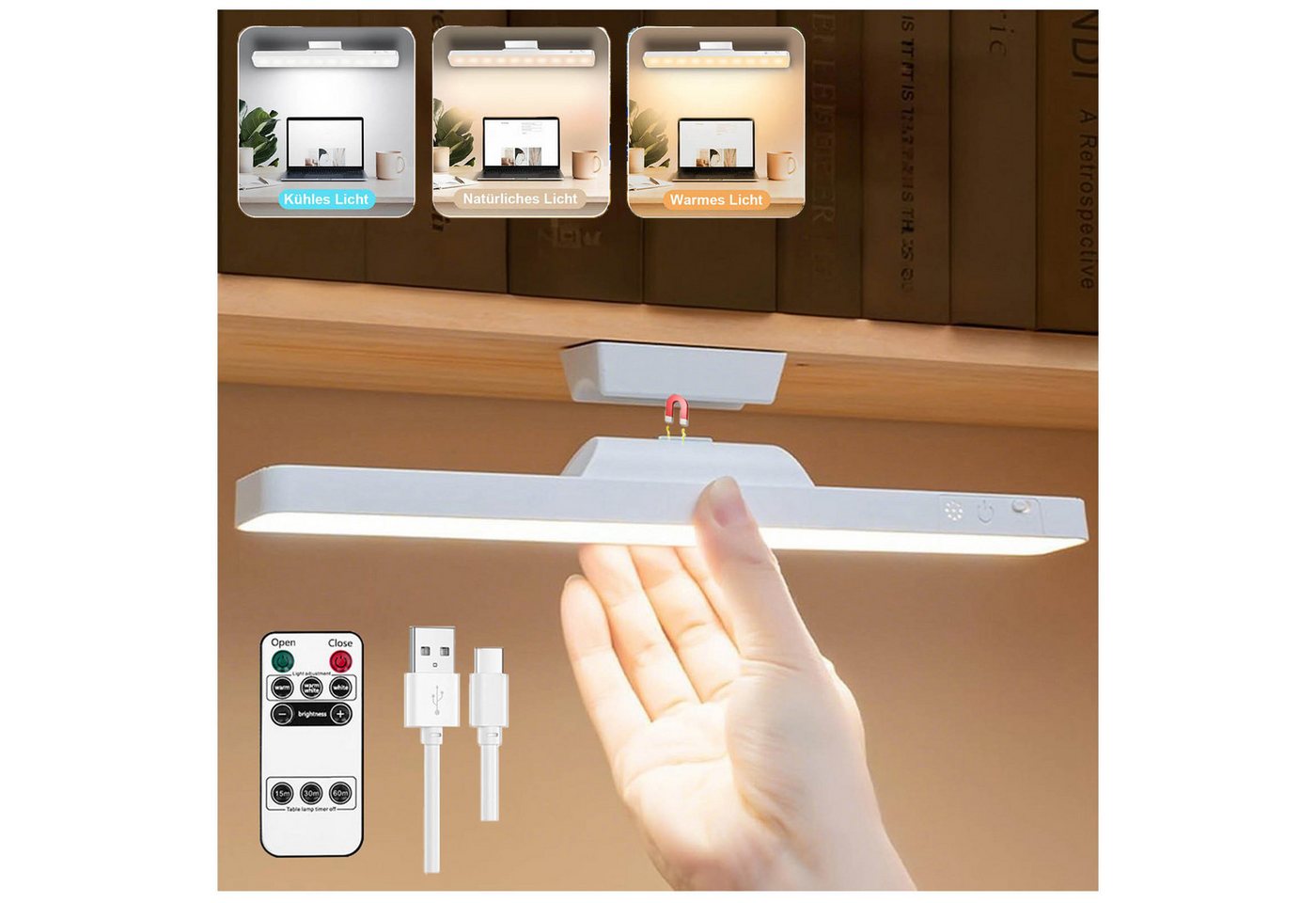 MUPOO Unterschrankleuchte 5 W Lichtleiste Wiederaufladbare Magnetische, USB, 3-Farbige, 1 Stück, Touch- und Fernbedienung Steuerung von MUPOO