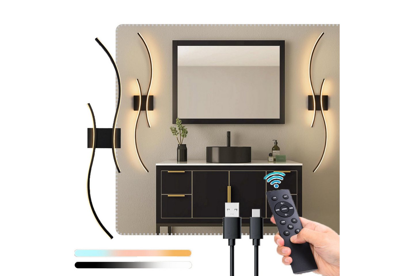 MUPOO Wandleuchte LED Wandleuchte Innen Dimmbar,Moderne Schwarz Wandleuchte Kabellose, 2 Stück,3000–6000K, LED fest integriert, 100CM Lang Doppelbogen-Lampenkörper mit Fernbedienung und Kabel USB-C MUPOO Wandleuchte LED Wandleuchte Innen Dimmbar,Moderne Schwarz Wandleuchte Kabellose, 2 Stück,3000–6000K, LED fest integriert, 100CM Lang Doppelbogen-Lampenkörper mit Fernbedienung und Kabel USB-C von MUPOO