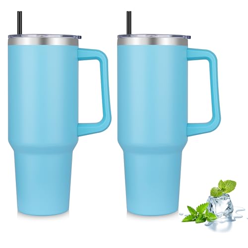 MURBONE 1200ml Doppelwandiger Edelstahl Vakuum Isolierbecher Becher mit Griff,Kaffeebecher - Edelstahl Auslaufsicher Tragbare Reisebecher Autobecher Thermobecher mit Strohhalm und Deckel(2er Set) von MURBONE