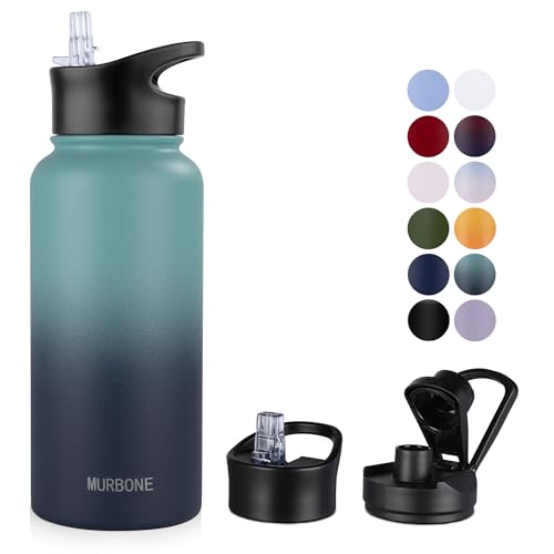 MURBONE Edelstahl Trinkflasche 1L, (+2 Deckel)-mit Strohhalm,BPA frei,Thermosflasche Auslaufsicher,Kohlensäure Geeignet,Thermoskanne Vakuum Doppelwandisolierung für Sport, Reisen, Camping von MURBONE