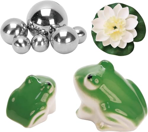 MURISE Miniteich Deko, Schwimmender Frosch aus Keramik 2er Set mit Silbernen Schwimmkugeln und Lotus und Blatt Set für Miniteich Terrassenteich Zinkwannen Solarbrunnen Garten Balkon Deko von MURISE