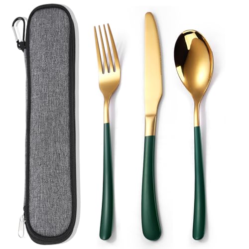 MURRI&MURRDI Besteck Set für 1 Personen, 3 Teilig Flatware Set, Tragbar Besteck Edelstahl Spiegelpoliert, Camping Messer Gabel Löffel mit Tasche, Geschirrspüler Sicher (3 Grünes Gold) von MURRI&MURRDI