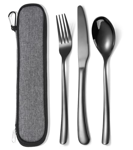 MURRI&MURRDI Besteck Set für 1 Personen, 3 teilig Mehrweg Flatware Set, Besteck Edelstahl Spiegelpoliert, Camping Messer Gabel Löffel mit Tasche, Spülmaschinenfest (3 Schwarz) von MURRI&MURRDI