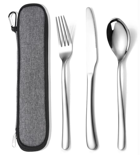 MURRI&MURRDI Besteck Set für 1 Personen, 3 teilig Mehrweg Flatware Set, Besteck Edelstahl Spiegelpoliert, Camping Messer Gabel Löffel mit Tasche, Spülmaschinenfest (3 Silbrig) von MURRI&MURRDI