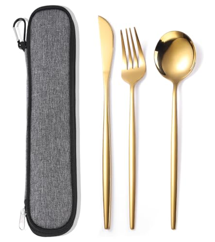 MURRI&MURRDI Edelstahl Besteck Set mit Tasche, 3 Teilig Cutlery Set für Reise, Tragbar Wiederverwendbar Besteck für 1, Mittagessen Messer Gabel Löffel Set, Geschirrspüler Sicher (3 Gold) von MURRI&MURRDI