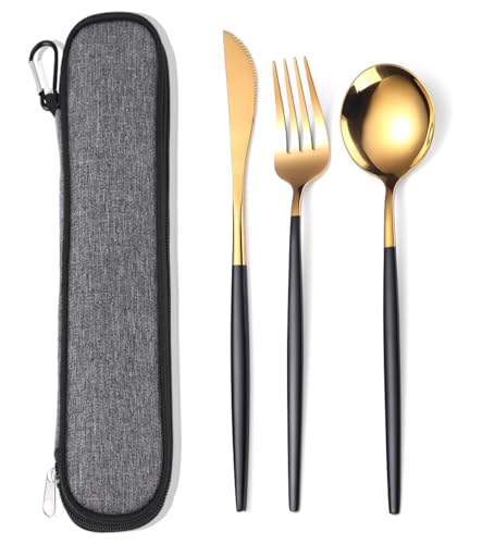 MURRI&MURRDI Edelstahl Besteck Set mit Tasche, 3 Teilig Cutlery Set für Reise, Tragbar Wiederverwendbar Besteck für 1, Mittagessen Messer Gabel Löffel Set, Geschirrspüler Sicher (3 Schwarz Gold) MURRI&MURRDI Edelstahl Besteck Set mit Tasche, 3 Teilig Cutlery Set für Reise, Tragbar Wiederverwendbar Besteck für 1, Mittagessen Messer Gabel Löffel Set, Geschirrspüler Sicher (3 Schwarz Gold) von MURRI&MURRDI